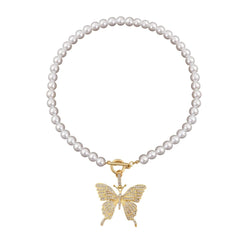 Faux pearl beaded butterfly pendant necklace