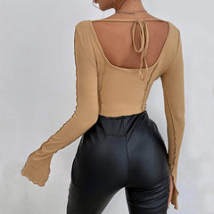 Flared sleeve ruffle stitch open tie back ribbed crop top