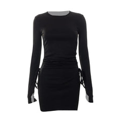 Drawstring slit long sleeve crewneck solid mini dress