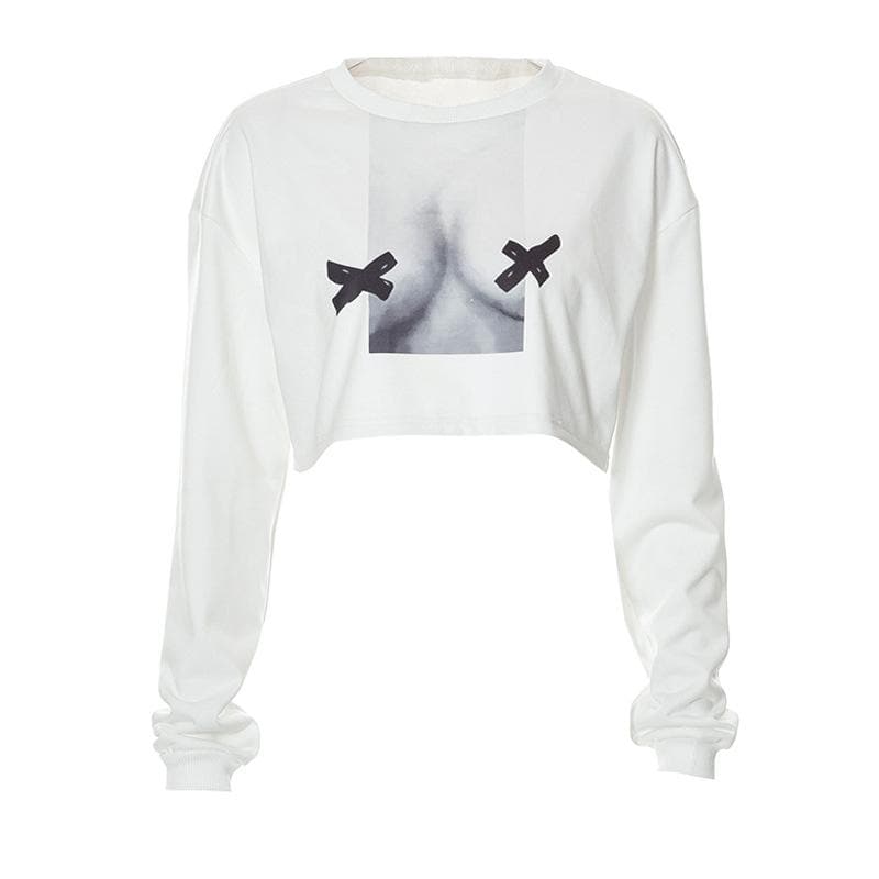 Body print long sleeve crewneck contrast crop top