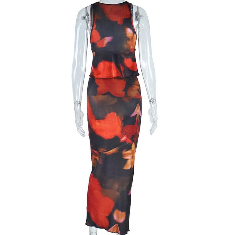 Deep v neck ruffle print self tie tank midi skirt set