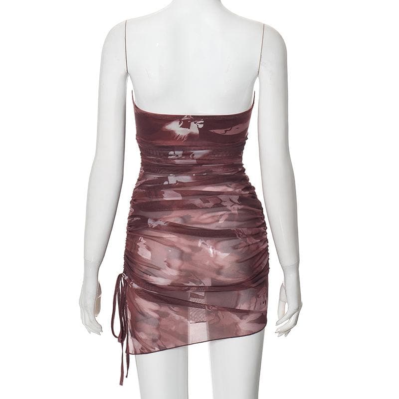 Drawstring tie dye mesh ruched tube mini dress