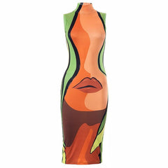 Abstract sleeveless high neck contrast midi dress