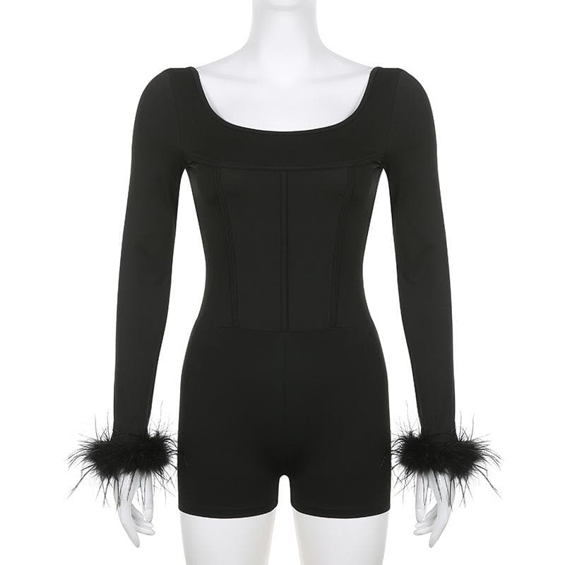 Feather corset long sleeve backless solid romper- Final Sale