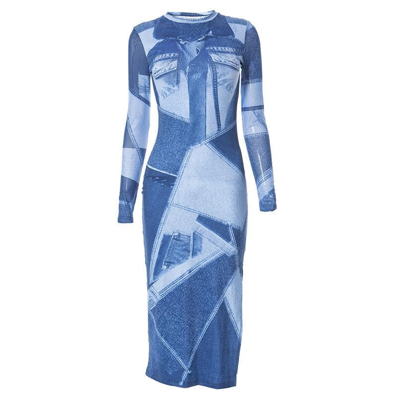 Denim print long sleeve contrast crewneck slit midi dress