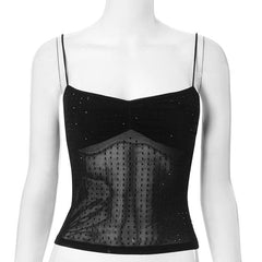 Beaded mesh patchwork backless cami top