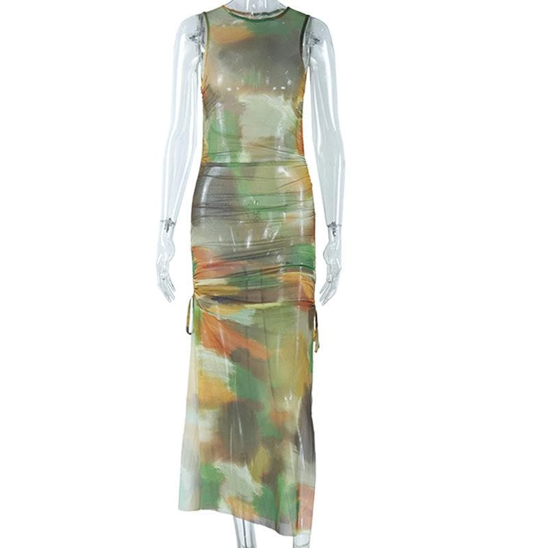 Drawstring ruched tie dye sheer mesh midi dress