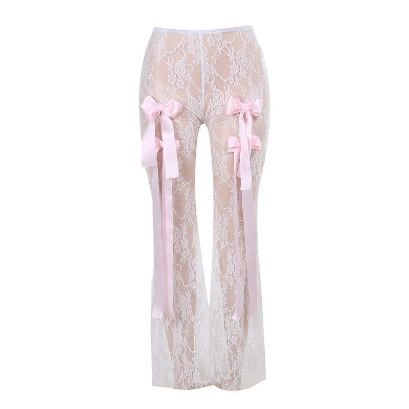 Bowknot ribbon lace see through pant