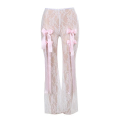 Bowknot ribbon lace see through pant