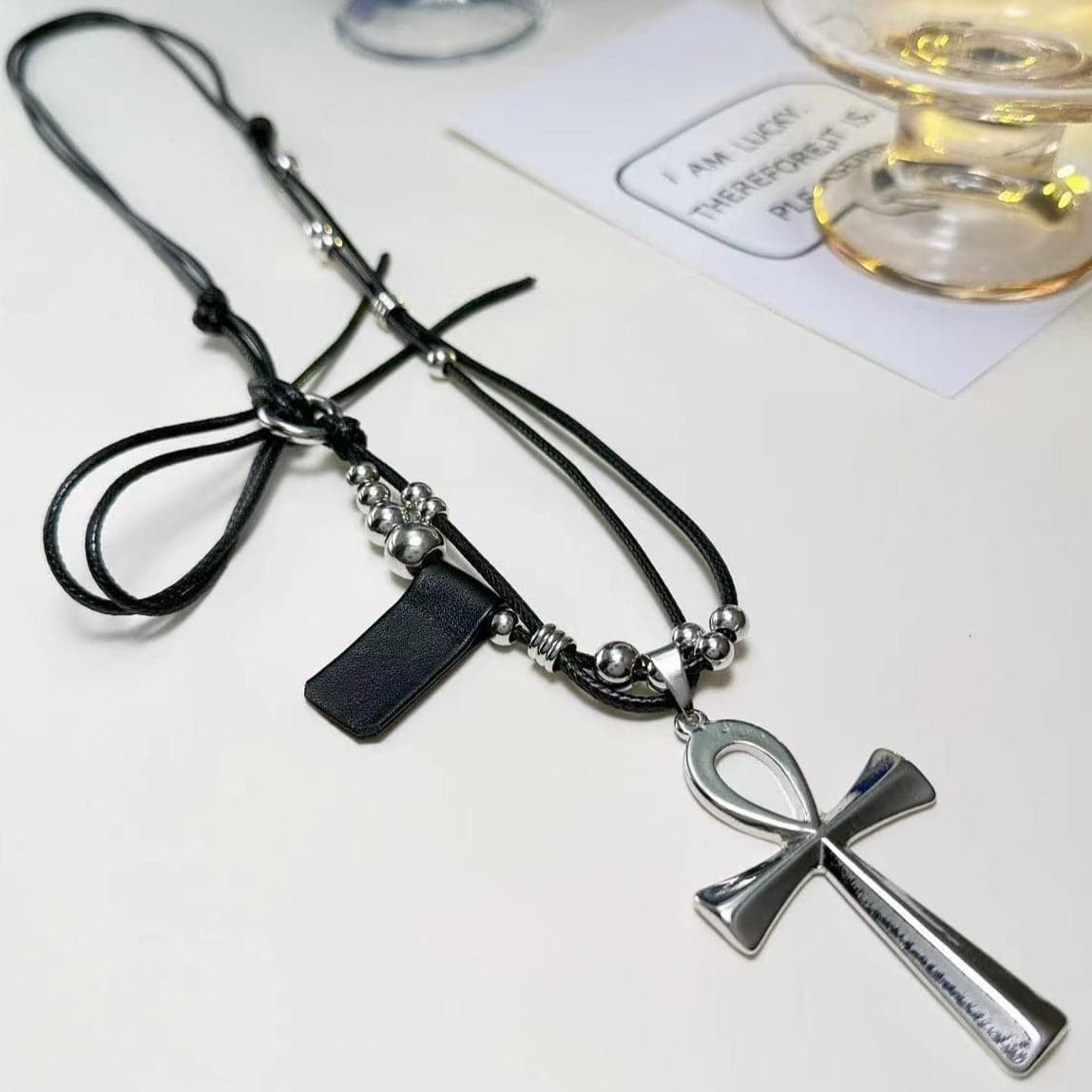 Cross beaded PU leather knotted necklace