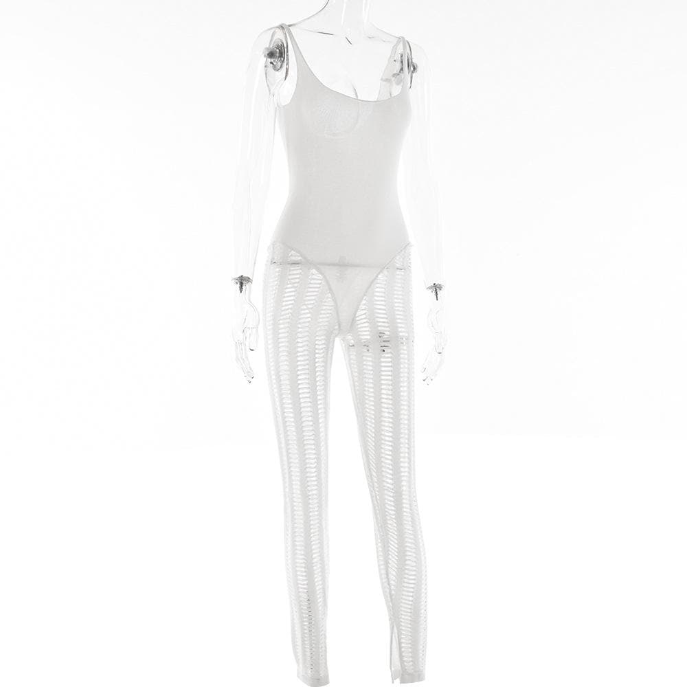 Crochet solid sleeveless hollow out backless low cut jumpsuit - Final Sale