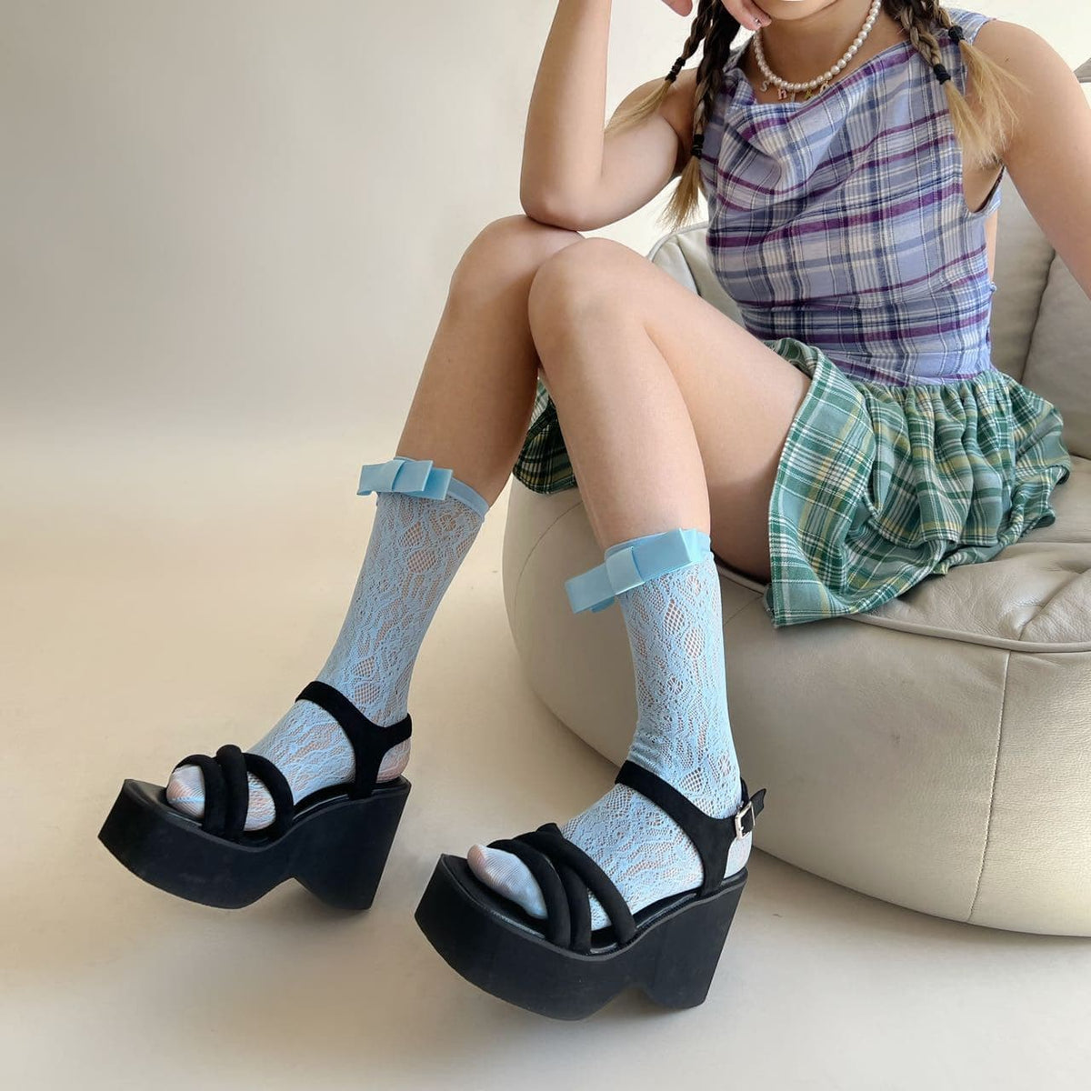 Bowknot lace solid long socks