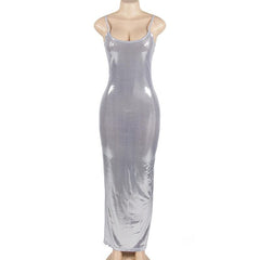 Backless u neck solid metallic cami maxi dress