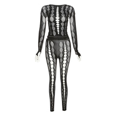 Fishnet long sleeve hollow out see through gloves solid pant set