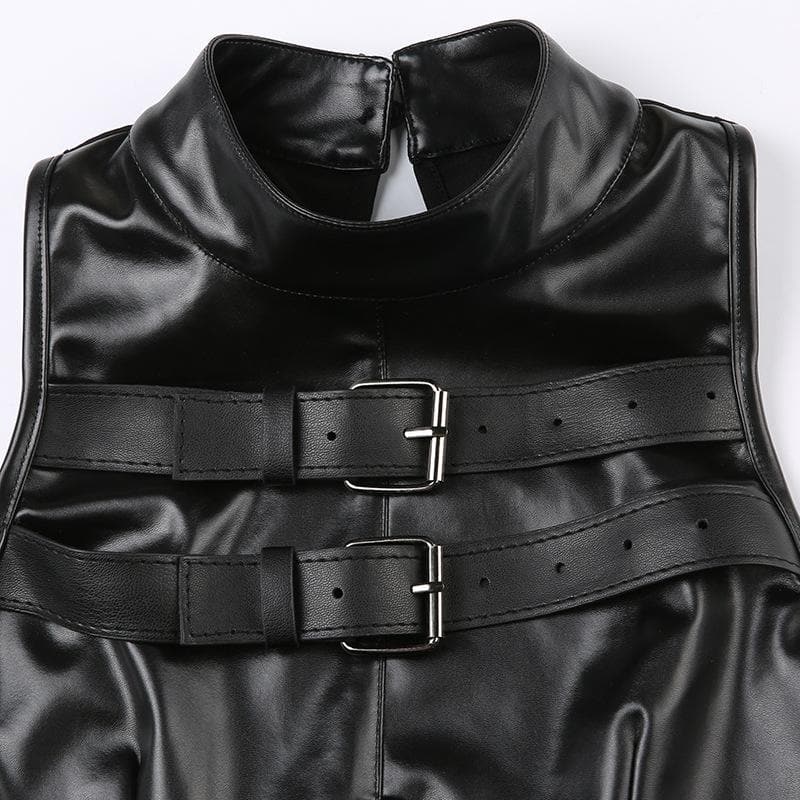 Buckle solid sleeveless patchwork button PU leather crop top