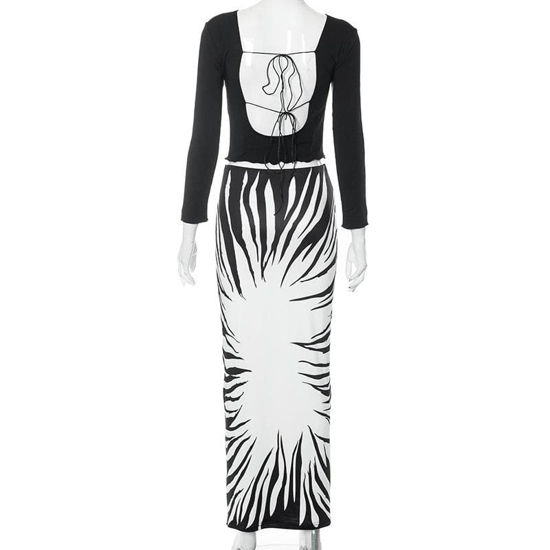 Abstract long sleeve contrast backless self tie maxi skirt set