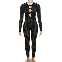 Fishnet hollow out solid long sleeve button backless jumpsuit