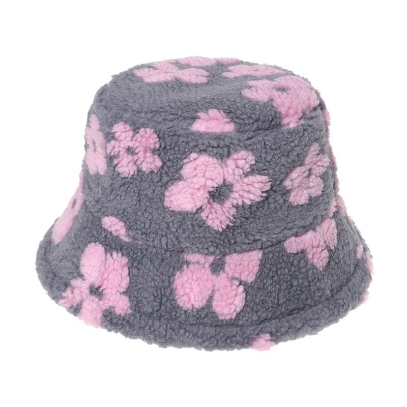 Flower pattern fluffy contrast fisherman bucket hat