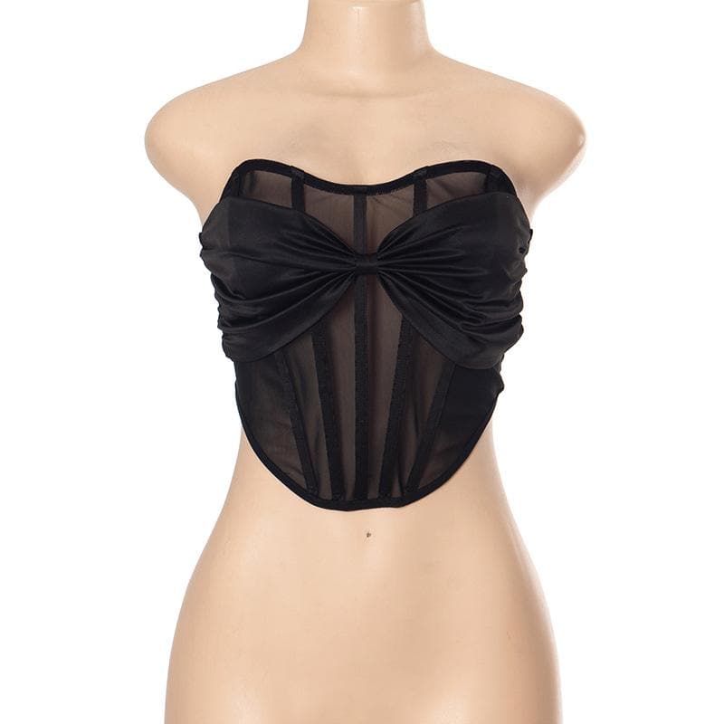 Bowknot bustier ruched stitch backless tube top