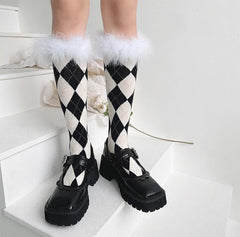 Feather plaid contrast knee high socks