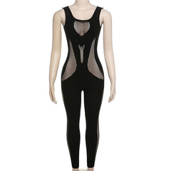 Fishnet sleeveless hollow out u neck solid jumpsuit