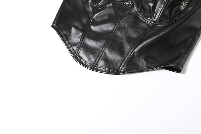 Buckle solid PU leather zip-up backless crop top