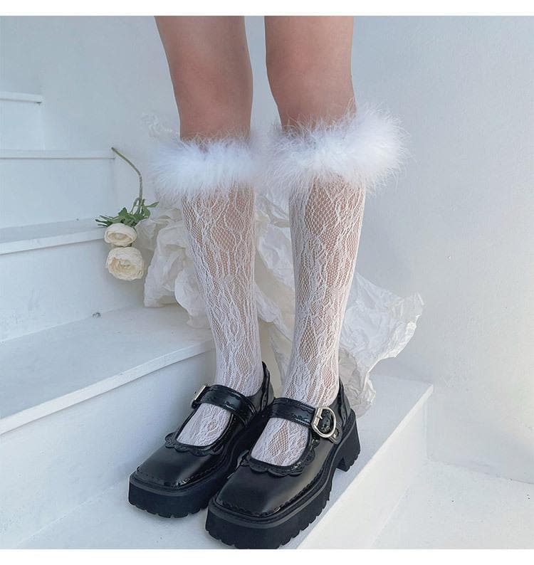 Feather lace hollow out knee high socks