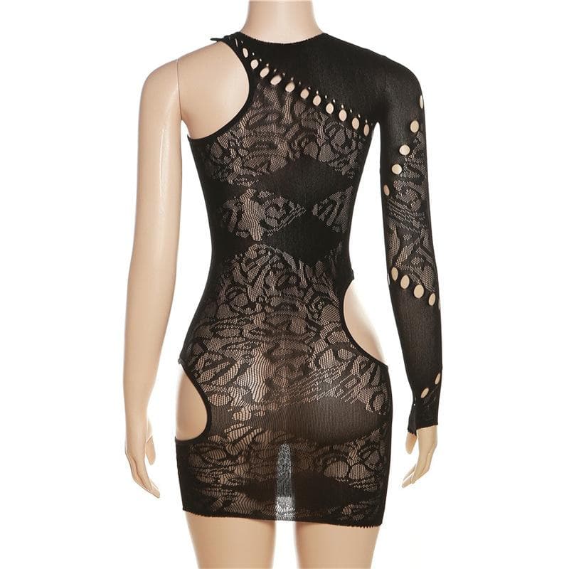 Fishnet irregular long sleeve hollow out see through cut out mini dress