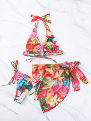 Flower print drawstring self tie halter backless mesh 3 piece swimwear