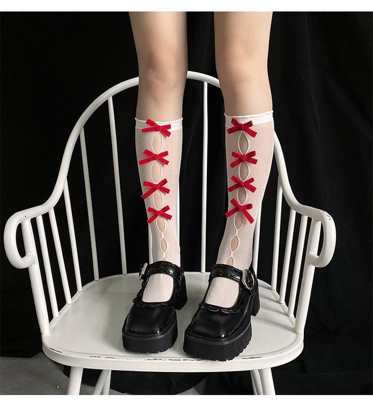 Bowknot hollow out knee high socks