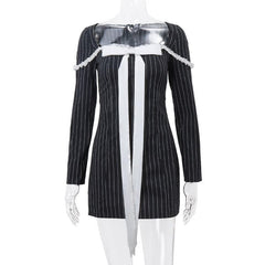 Bowknot striped long sleeve square neck zip-up contrast mini dress