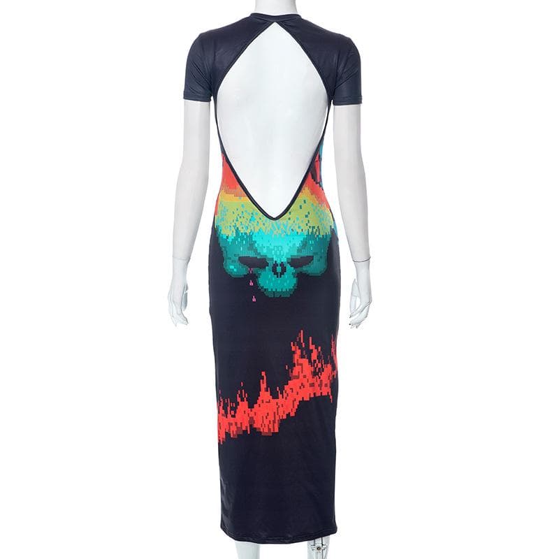 Abstract short sleeve backless contrast midi dress