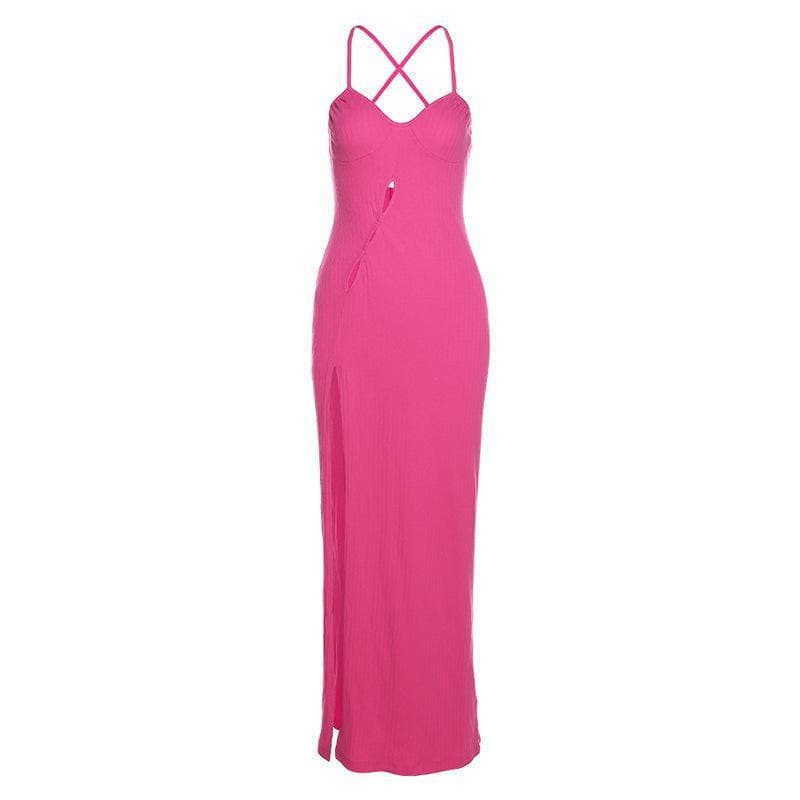 Cross open back hollow out slit ribbed cut out maxi dress