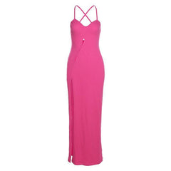 Cross open back hollow out slit ribbed cut out maxi dress