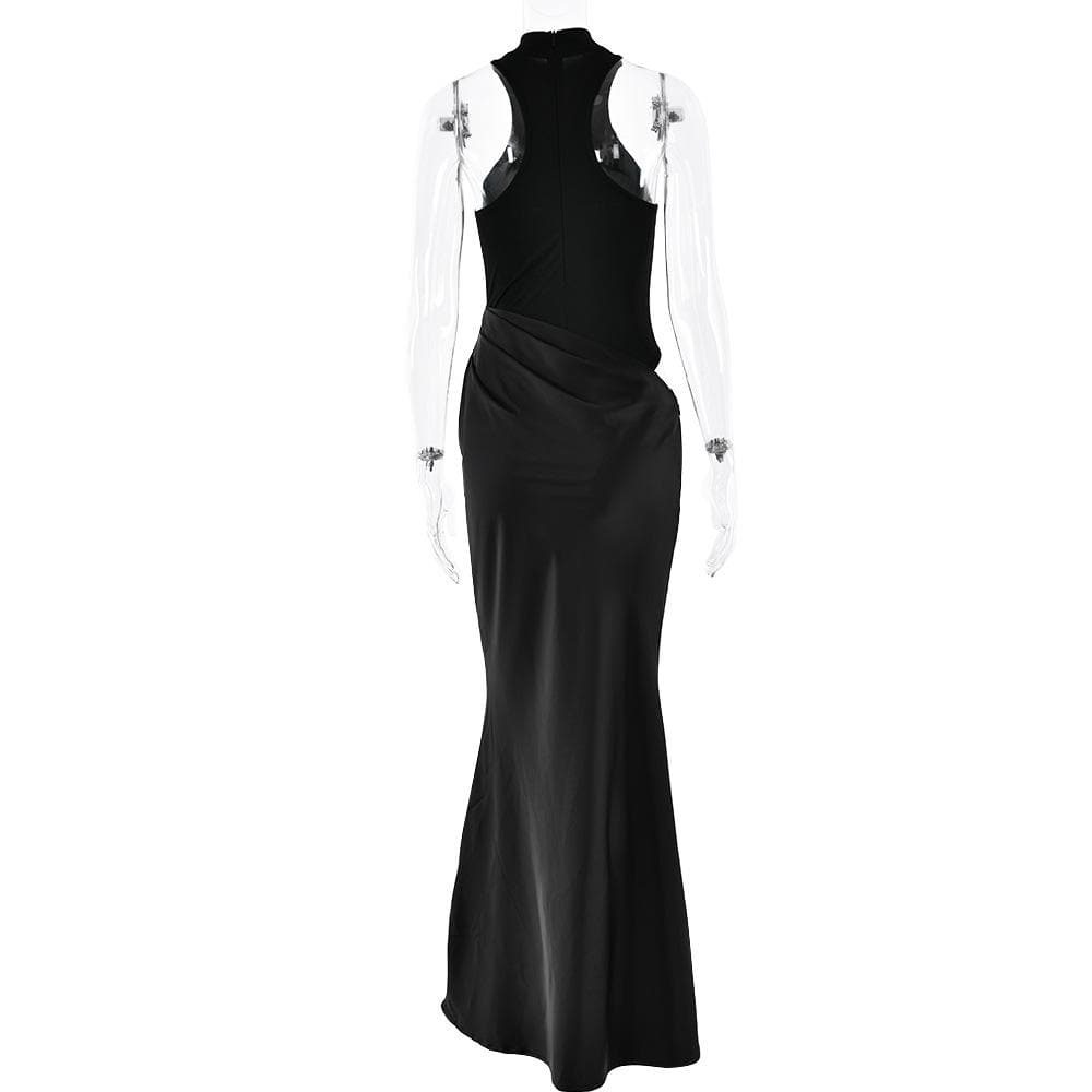 Crewneck ruched solid hollow out tank cut out maxi dress