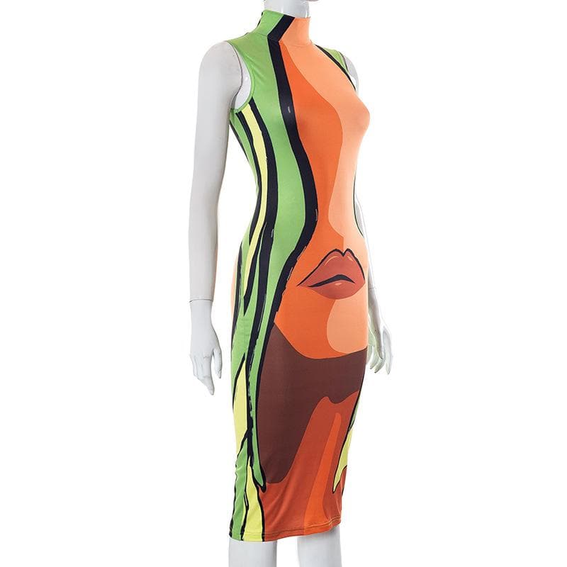 Abstract sleeveless high neck contrast midi dress