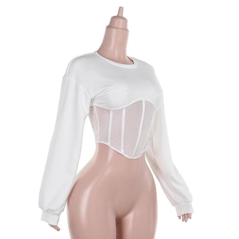 Long sleeve crewneck corset patchwork crop top