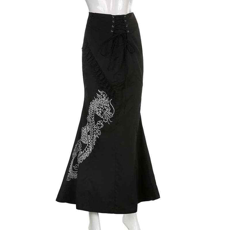 Dragon pattern lace up contrast lace hem maxi skirt