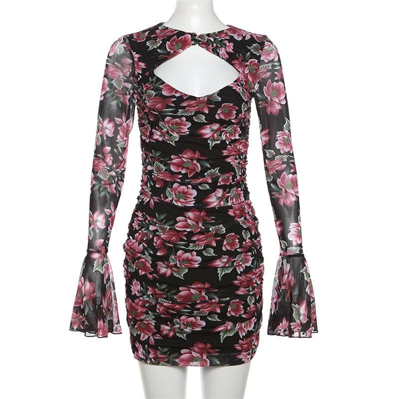 Flower print contrast hollow out long flared sleeve cut out mini dress