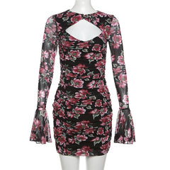 Flower print contrast hollow out long flared sleeve cut out mini dress