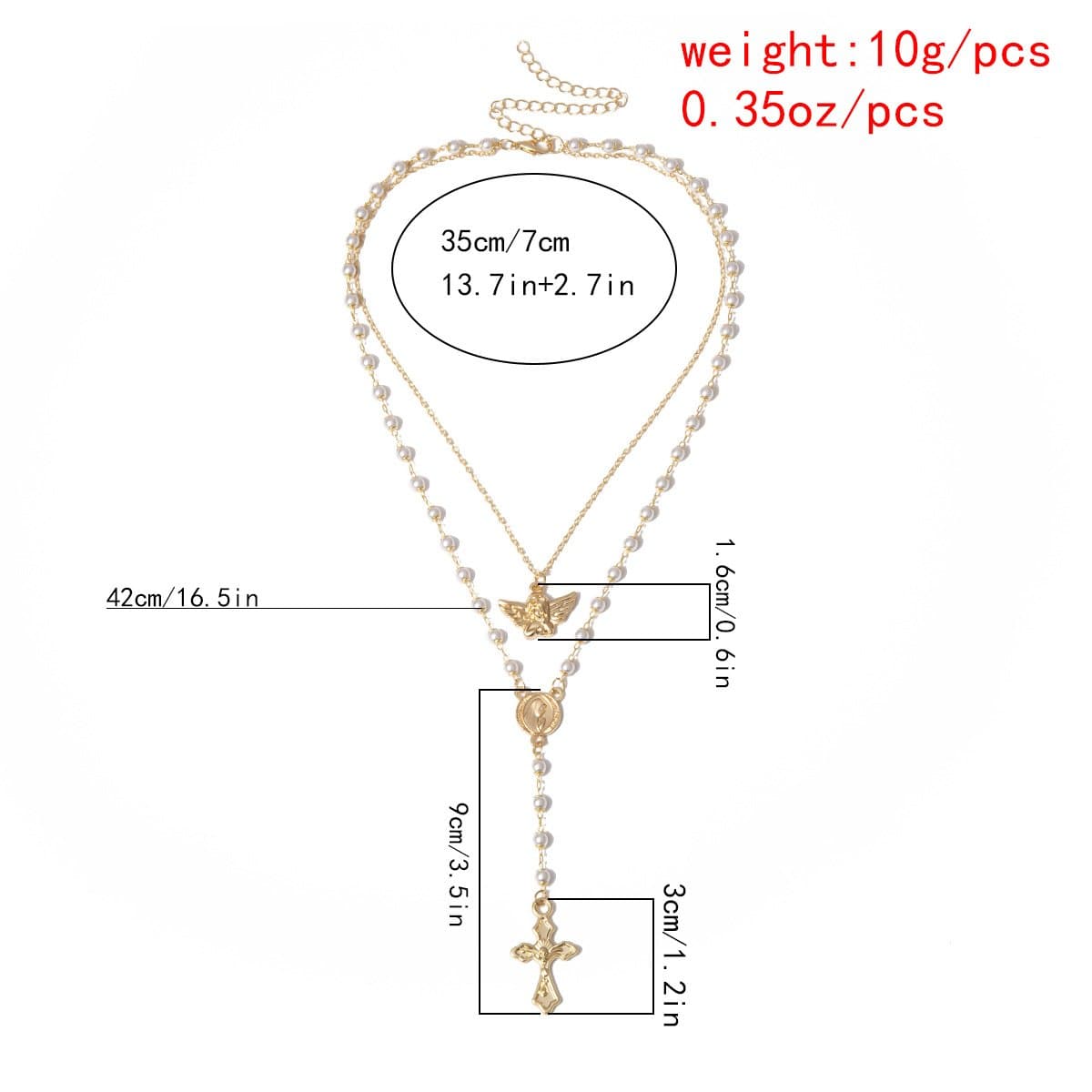 Angel cross pendant pearl layered necklace