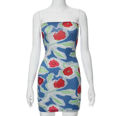 Backless sleeveless flower print contrast tube mini dress