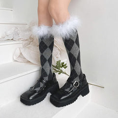 Feather plaid contrast knee high socks