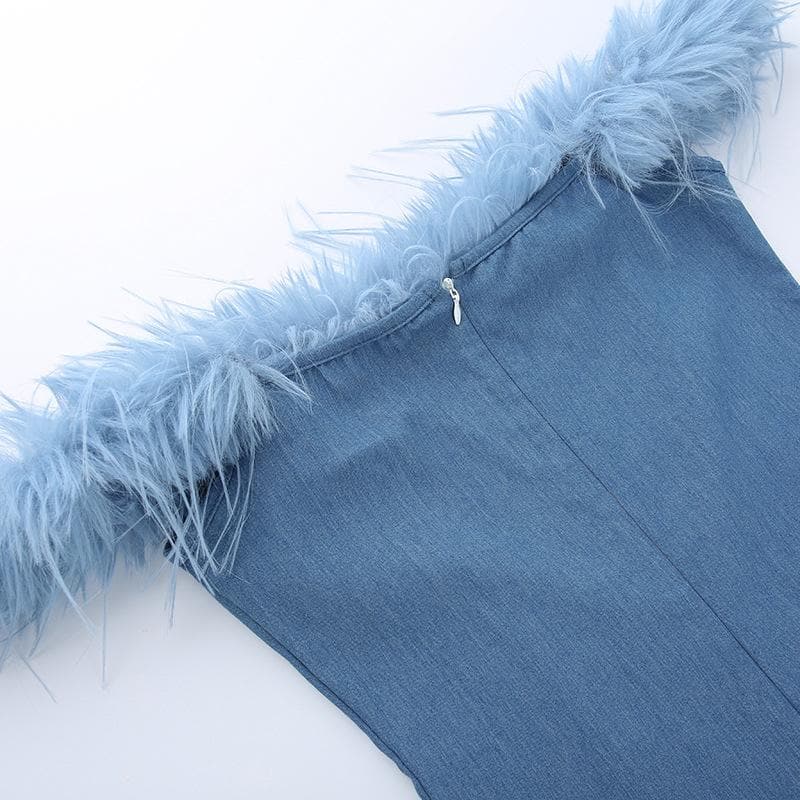 Feather off shoulder solid backless zip-up denim mini dress