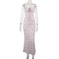 Bowknot ribbon stitch flower print polka dot cami maxi dress