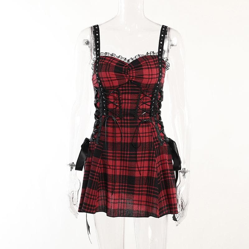 Backless ruched lace hem plaid lace up zip-up mini dress | victorian gothic dresses