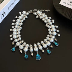 Faux pearl blue rhinestone choker necklace