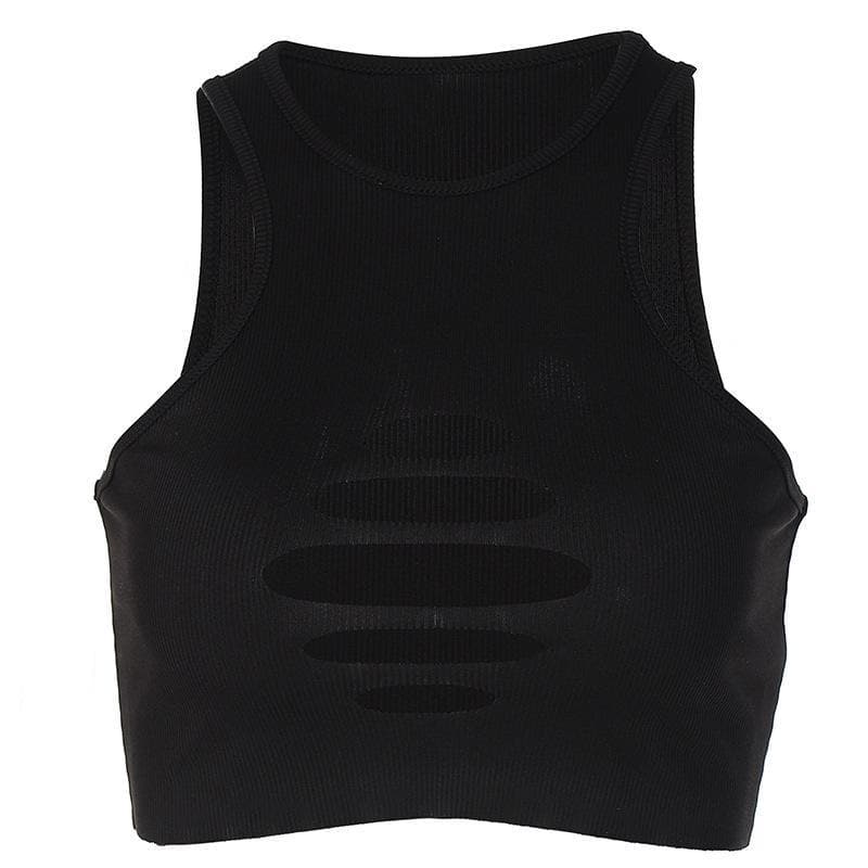 Crewneck hollow out ribbed sleeveless crop top - Final Sale