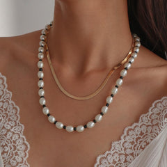 Faux pearl beaded snake chain 2 pcs necklace