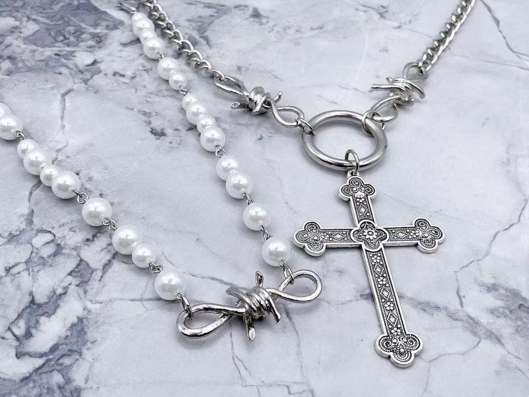 Faux pearl 2 pcs cross pendant choker necklace